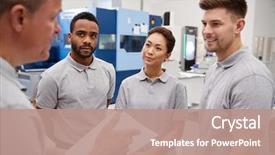  Presentation with team meeting - Audience pleasing presentation consisting of engineering team meeting on factory backdrop and a coral colored foreground