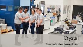  Presentation with team meeting - Cool new presentation theme with engineering team meeting on factory backdrop and a light gray colored foreground