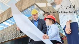  Presentation with team planning - Presentation consisting of engineering-team-with-a-blueprint background and a coral colored foreground