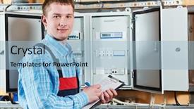  Presentation with distribution - Presentation theme having engineering testing - one electrician working with distribution background and a  colored foreground