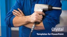  Presentation with mechanic repair - Beautiful slides featuring engineering tools - mechanic holding a drill tool backdrop and a navy blue colored foreground