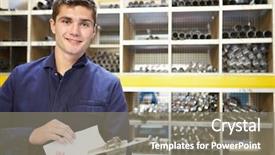  Presentation with roll fabric in store room - Colorful PPT theme enhanced with engineering training - apprentice checking stock levels backdrop and a gray colored foreground