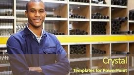  Presentation with automobile engineering word in 3d - Cool new theme with engineering worker in store room backdrop and a  colored foreground