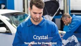  Presentation with mechanic tablet - Cool new theme with engineering workshop - smiling mechanic using a tablet backdrop and a ocean colored foreground