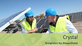  Presentation with solar panels - Beautiful presentation theme featuring engineers checking solar panels running backdrop and a mint green colored foreground