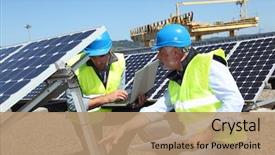  Presentation with electrical engineer solar - Audience pleasing presentation consisting of engineers checking solar panels running backdrop and a coral colored foreground