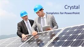  Presentation with energy - Cool new PPT theme with engineers checking solar panels setup backdrop and a sky blue colored foreground