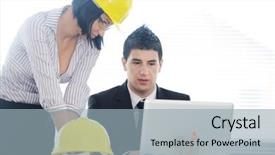  Presentation with discussion - Slides consisting of engineers having discussion about new business project using laptop background and a light blue colored foreground