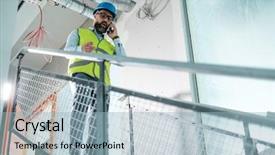  Presentation with buildings engineering construction engineers - Cool new PPT theme with engineers in hardhat calling someone backdrop and a  colored foreground