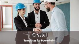  Presentation with buildings engineering construction engineers - Colorful presentation design enhanced with engineers in hardhats have conversation backdrop and a dark gray colored foreground