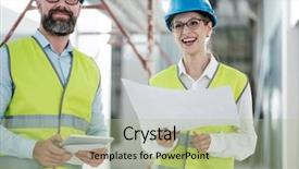  Presentation with buildings engineering construction engineers - Audience pleasing presentation design consisting of engineers in hardhats have conversation backdrop and a  colored foreground