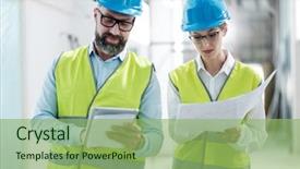  Presentation with buildings engineering construction engineers - Audience pleasing slides consisting of engineers in hardhats have conversation backdrop and a seafoam green colored foreground