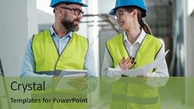  Presentation with buildings engineering construction engineers - Cool new PPT theme with engineers in hardhats have conversation backdrop and a seafoam green colored foreground