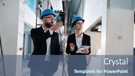  Presentation with mechanical engineers mechanical engineering science - Slide set with engineers in hardhats have conversation background and a ocean colored foreground