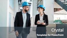  Presentation with buildings engineering construction engineers - Colorful presentation design enhanced with engineers in hardhats have conversation backdrop and a tawny brown colored foreground