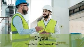  Presentation with buildings engineering construction engineers - Colorful presentation theme enhanced with engineers in hardhats having conversation backdrop and a  colored foreground