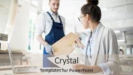  Presentation with contemporary world two columns - Presentation theme having engineers in workwear discussing characteristics background and a  colored foreground