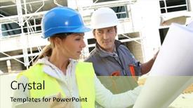  Presentation with building plans - Presentation consisting of engineers on building site checking plans background and a blonde colored foreground