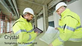  Presentation with building construction - Audience pleasing theme consisting of engineers with project at construction backdrop and a  colored foreground