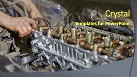 Presentation with car engine - Cool new slide deck with camshaft - hands of auto-mechanic who repairs backdrop and a tawny brown colored foreground