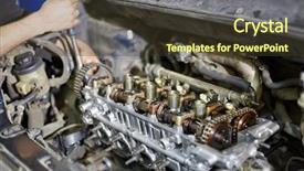  Presentation with car engine - Cool new theme with camshaft - male hands with wrench servicing backdrop and a tawny brown colored foreground