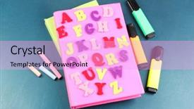  Presentation with school desk - Colorful PPT layouts enhanced with english alphabet books and markers on school desk backdrop and a lavender colored foreground