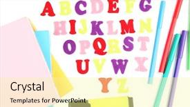  Presentation with english alphabet set in old - Colorful slide deck enhanced with english alphabet books and markers backdrop and a  colored foreground