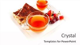  Presentation with tea cake - Slides having english cake and tea with cherry on white plate background and a sky blue colored foreground
