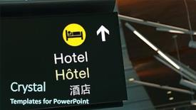  Presentation with hotel prsantation - Slides having english chinese language - hotel sign at airport background and a wine colored foreground