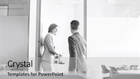  Presentation with conference - Beautiful PPT theme featuring english conversation - business people entering into conference backdrop and a light gray colored foreground