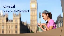  Presentation with listening woman - Audience pleasing slide set consisting of english exercise - london lifestyle woman runner listening backdrop and a sky blue colored foreground