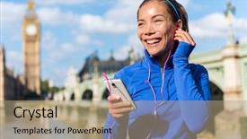  Presentation with smart city - Amazing PPT layouts having english exercise - london running lifestyle woman listening backdrop and a coral colored foreground