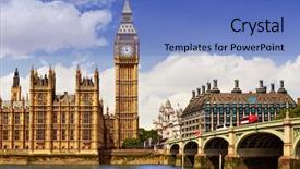  Presentation with union jack flag and clock tower - Colorful theme enhanced with english gothic archtecture - big ben london clock tower backdrop and a teal colored foreground