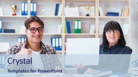  Presentation with english teacher - Presentation featuring english homework - young student and teacher background and a sky blue colored foreground