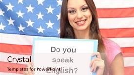  Presentation with english - PPT theme having english learning - young woman holding tablet background and a lemonade colored foreground