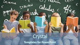  Presentation with children books - Theme having english literature - children reading books at park background and a ocean colored foreground