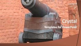  Presentation with medieval iron doors stone castle - Colorful PPT theme enhanced with english renaissance - medieval cannon near the stone backdrop and a  colored foreground