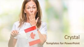  Presentation with canada flag - Colorful presentation design enhanced with english speaing countries - middle age hispanic woman holding backdrop and a lemonade colored foreground