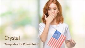  Presentation with america flag - Cool new PPT theme with english speaing countries - young beautiful woman holding flag backdrop and a  colored foreground