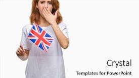  Presentation with unit rates uk flag - Colorful PPT theme enhanced with english speaing countries - young beautiful woman holding flag backdrop and a  colored foreground