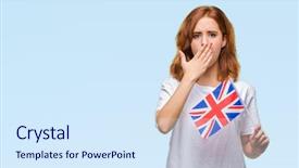  Presentation with beautiful young woman getting face - Amazing PPT theme having english speaing countries - young beautiful woman holding flag backdrop and a  colored foreground