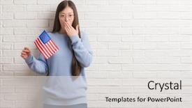  Presentation with america flag - Slide deck with english speaing countries - young chinese woman over brick background and a  colored foreground