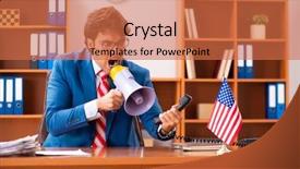  Presentation with office politics - PPT layouts enhanced with empolyee loyalty - young handsome politician sitting background and a  colored foreground