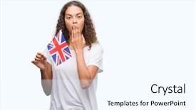  Presentation with united kingdom - Colorful slides enhanced with english speaing countries - young hispanic woman holding flag backdrop and a  colored foreground