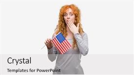  Presentation with united states flag - Amazing PPT layouts having english speaing countries - young redhead woman holding flag backdrop and a light gray colored foreground