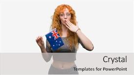  Presentation with flag - Amazing PPT theme having english speaing countries - young redhead woman holding flag backdrop and a light gray colored foreground