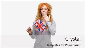  Presentation with unit rates uk flag - Audience pleasing PPT theme consisting of english speaing countries - young redhead woman holding flag backdrop and a white colored foreground