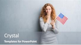  Presentation with united states flag - Beautiful presentation theme featuring english speaing countries - young redhead woman over grey backdrop and a gray colored foreground