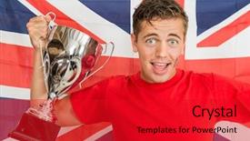  Presentation with sports event - Cool new slide set with english sports fan showing a trophy whilst cheering on the british national team during a major sports event backdrop and a crimson colored foreground