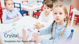  Presentation with english teacher - Theme featuring english subject - attentive girl looking at teacher background and a sky blue colored foreground